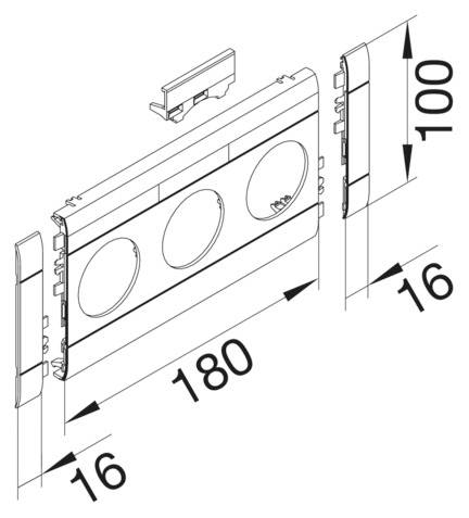 Technische Zeichnung einer 3-fach Steckdosenabdeckung mit den Maßen: Breite 180 mm, Höhe 100 mm. Seitenansicht zeigt Tiefe von 16 mm.