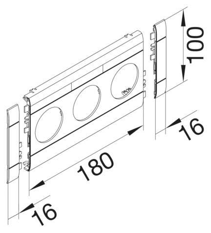 Technische Zeichnung eines dreifachen Schalterrahmens mit Maßen: 100 mm Höhe, 180 mm Breite, seitlich 16 mm Abstand.