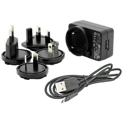 Mehrfach-USB-Ladegerät mit Kabel und verschiedenen Steckdosenadaptern für internationale Nutzung.
