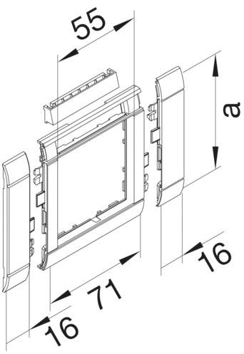 Explosionszeichnung eines quadratischen Schalters mit den Maßen 55x55mm. Seitliche Teile sind abnehmbar dargestellt, Gesamthöhe 71mm.