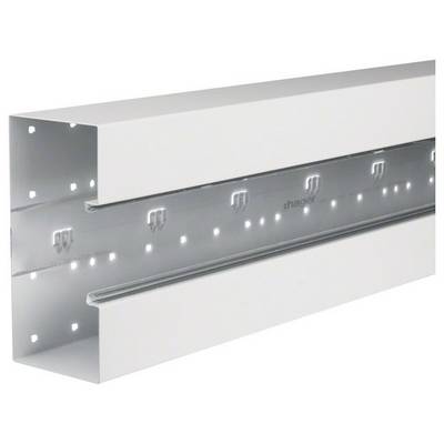 Das Bild zeigt einen quaderförmigen Metallkanal mit Löchern und Schienen an der Innenseite. Es dient der Kabelführung oder Trägermontage.