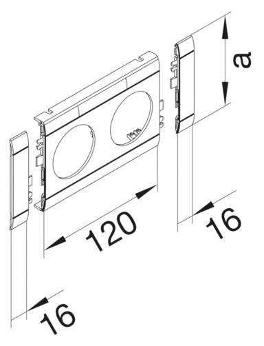 Technische Zeichnung einer Armatur mit zwei runden Öffnungen, Breite 120 mm, seitliche Elemente je 16 mm, Höhe a unbestimmt.