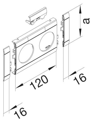 Technische Zeichnung einer Doppelsteckdose mit Maßen: Breite 120 mm, Seiten 16 mm. Einzelteile sind auseinandergebaut dargestellt.