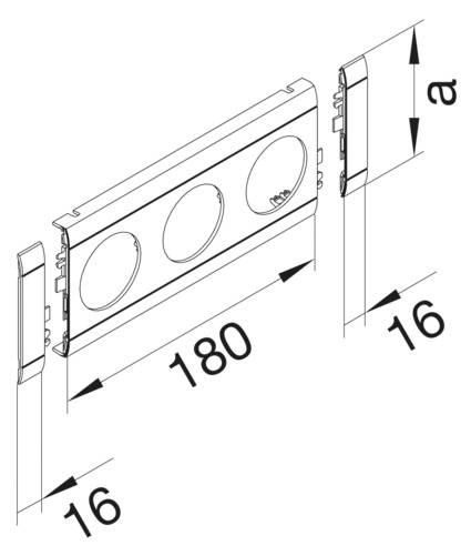 Technische Zeichnung eines dreifachen Steckdosenrahmens mit den Maßen: Breite 180 mm, Rand 16 mm.