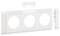 Weiße Kunststoff-Rahmenplatte mit drei runden Öffnungen für Steckdosen oder Schaltermontage, abnehmbares Abdeckstück oben.