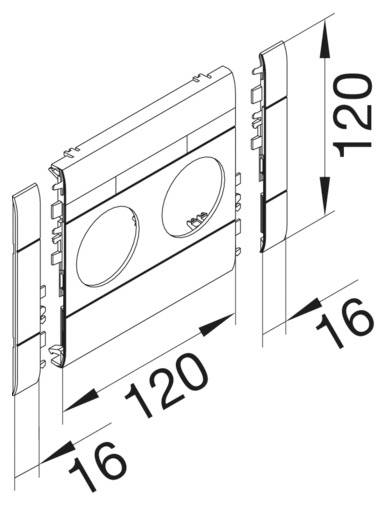 Technische Zeichnung einer Steckdosenblende mit Maßangaben: Breite 120 mm, Höhe 120 mm, Tiefe 16 mm.