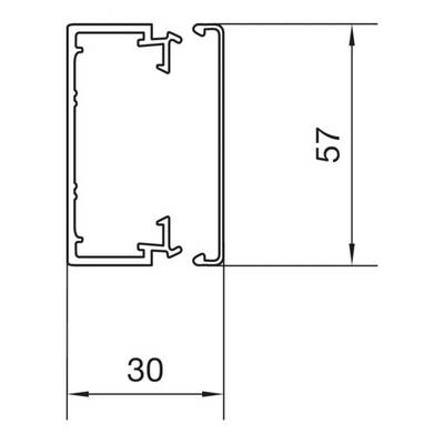 Technische Zeichnung eines Aluminiumprofils mit Maßen: Höhe 57 mm, Breite 30 mm. Profilschnitt zeigt detaillierte Ausformungen.