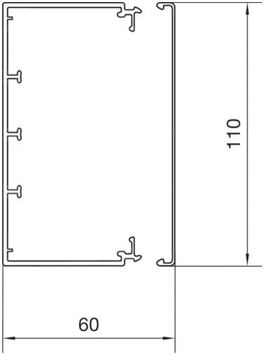 Technische Zeichnung eines rechteckigen Profils mit Maßen: Breite 60 mm, Höhe 110 mm. Seitenansicht mit Details der Innenstruktur.