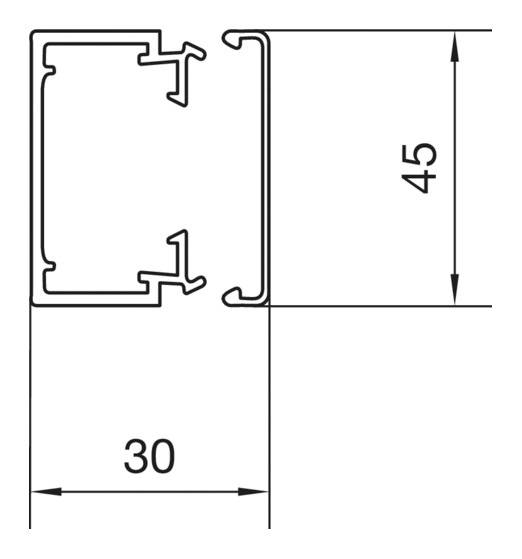 Technische Zeichnung eines Aluminiumprofils mit den Maßen 30mm Breite und 45mm Höhe, geeignet für Strukturrahmen.