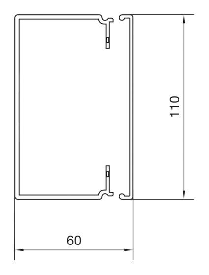 Querschnittszeichnung eines rechteckigen Metallprofils. Breite beträgt 60 mm, Höhe 110 mm. Detaillierte Kanten und Einfassung sichtbar.