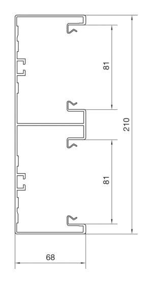 Querschnitt einer technischen Zeichnung mit Maßen: Höhe 210 mm, Breite 68 mm. Enthält zwei gleich große Abschnitte, jeweils 81 mm hoch.