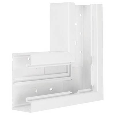 Ein weißes Kunststoff-Eckprofil für den Möbel- oder Fensterbau, mit mehreren Schienen und Befestigungslöchern für einfaches Montieren.