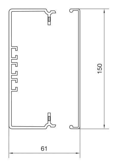 Technische Zeichnung eines Metallprofils mit den Maßen: Breite 61 mm, Höhe 150 mm. Zeigt Details der Querschnittstruktur.