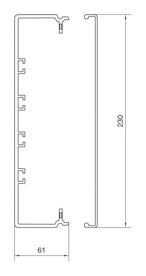 Strichzeichnung eines rechteckigen Metallprofils mit den Maßen 230 mm Höhe und 61 mm Breite, einschließlich Details der Seitenansicht.