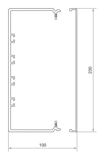 Technische Zeichnung eines rechteckigen Profils mit Maßen: 230 mm Höhe und 100 mm Breite. Ansicht zeigt seitliche Haken und Kanten.