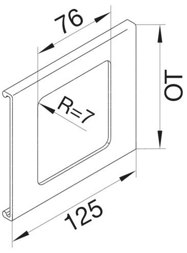 Technische Zeichnung eines Metallprofils mit quadratischem Ausschnitt und abgerundeten Ecken, Maße: 76x125 mm, Eckenradius 7 mm.