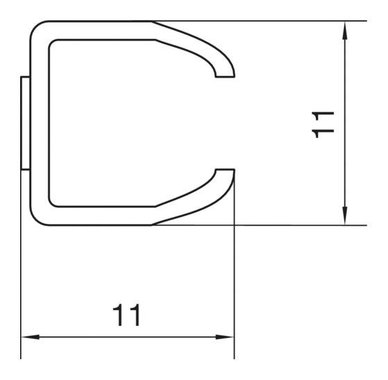 Querschnittdiagramm einer Profilschiene mit quadratischem Innenmaß. Beide Außen- und Innenkanten sind markiert, Maßangaben 11 mm.