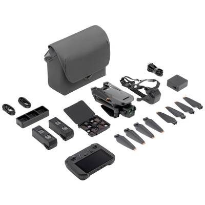 'Drohnen-Set mit Fernbedienung, Akkus, Propellern, Ladegerät und Tragetasche. Kompaktes Design, geeignet für Fotografie und Videoaufnahmen.'