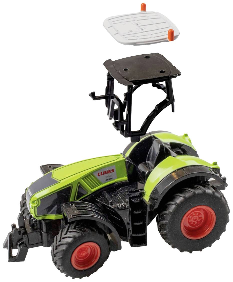 Ein grün-schwarzer Traktor mit roten Rädern ohne Fahrerkabine. Oberseite der Kabine und Anbauteile sind abnehmbar dargestellt.