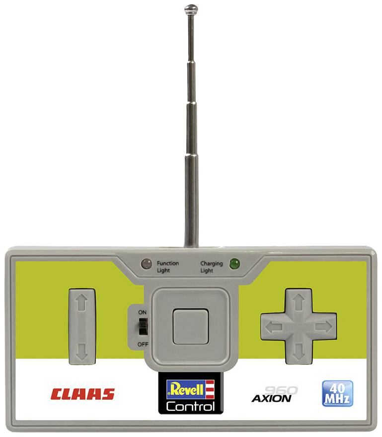'Revell Control' Funksteuerung für Claas Axion 960 mit Antenne und Steuerungstasten für links, rechts, vor, zurück.