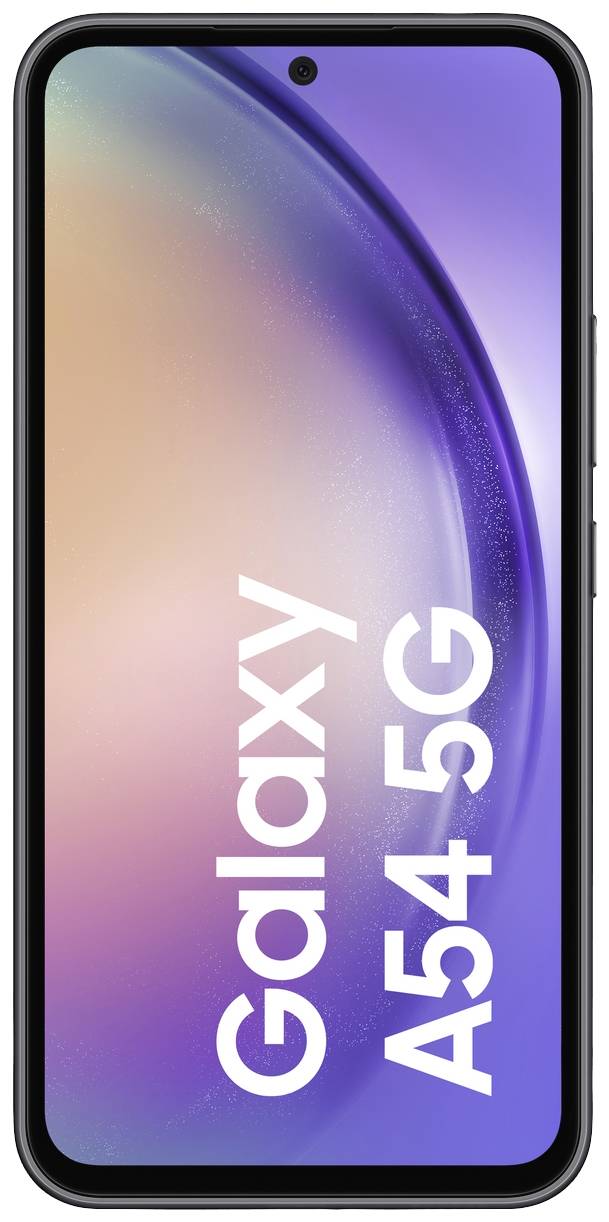 Smartphone mit dem Display einer schimmernden Farbverläufe von Beige zu Lila. Auf dem Bildschirm steht 'Galaxy A54 5G'.