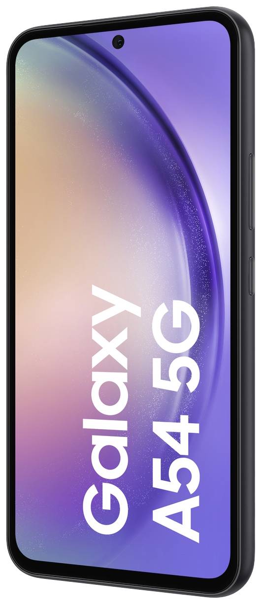 Das Bild zeigt ein schwarzes Smartphone mit der Aufschrift 'Galaxy A54 5G' auf dem Display und einem farbigen Hintergrund.