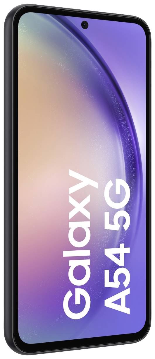 Smartphone mit gebogenem Display, zeigt den Schriftzug 'Galaxy A54 5G' auf farbenfrohem Hintergrund.