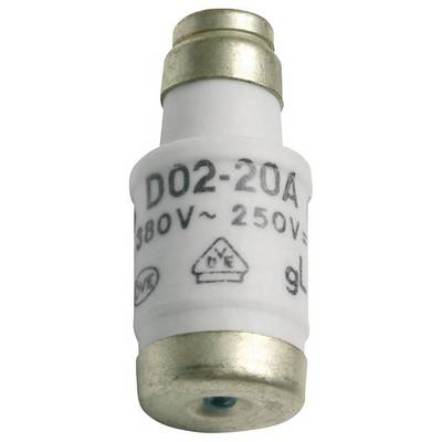 Weiße Schraubsicherung mit Beschriftung 'D02-20A' und '380V~ 250V='. Goldene Endkappen. Wird verwendet, um elektrische Stromkreise vor Überlastung zu schützen.
