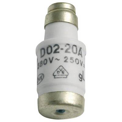 Eine weiße elektrische Schmelzsicherung mit der Aufschrift 'D02-20A 380V~ 250V='.