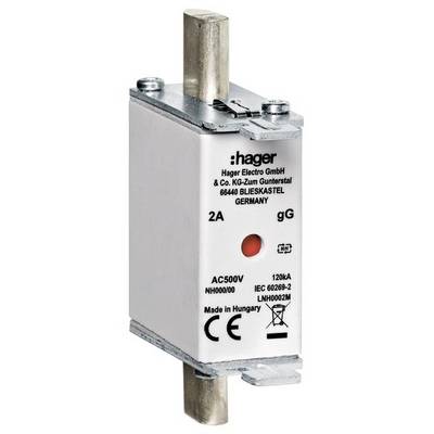Sicherung der Marke Hager, Typ NH00, 2A, 500V. Sie ist für den Überstromschutz in elektrischen Anlagen geeignet.
