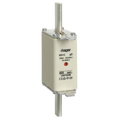 Sicherungseinsatz von Hager, Typ NH1C gG, 40A, 500V. 用于电流保护的电器元件,标有标准和规格信息,主要用于工业用途。