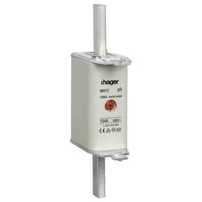 Eine NH-Sicherung von Hager, Typ NH1C gG, 120A, 500V, mit roter Anzeige zur Überprüfung des Auslösezustands.