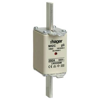 Eine NH-Sicherung von Hager, Typ NH2C, gG. Nennstrom 200A, 500V. Gehäuse in Beige mit Metallhalterungen oben und unten.