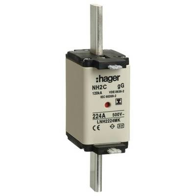 'Sicherung vom Typ Hager NH2C gG, 500V, 224A, 120kA, Normen VDE 0636-2, IEC 60269-2, mit CE-Kennzeichnung.'