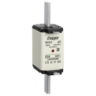 'Sicherungseinsatz NH2C von Hager, 120kA, 63A, 500V, Norm VDE 0636-2, IEC 60269-2, geeignet für industrielle Elektroinstallationen.'