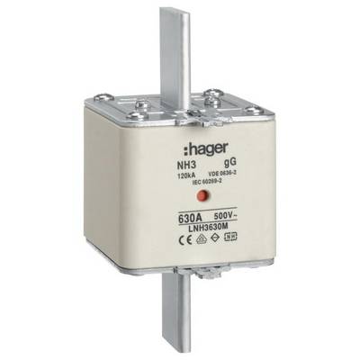 Stromschutzeinrichtung mit Aufschrift 'Hager NH3 gG 630A 500V'. Anwendungsbereich: elektrische Sicherheit.