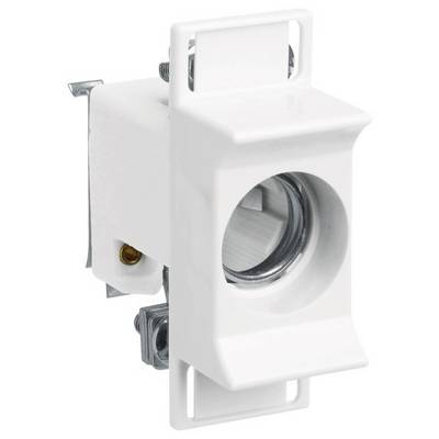 Weißes elektrisches Wandanschlussmodul mit rundem Anschlussloch, geeignet für die Installation systemeigener Geräteverbindungen.