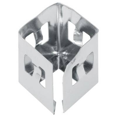 Metallischer Eckverbinder mit quadratischer Form und mehreren rechteckigen Öffnungen an den Seiten. Verwendet für Bau- oder Montagezwecke.