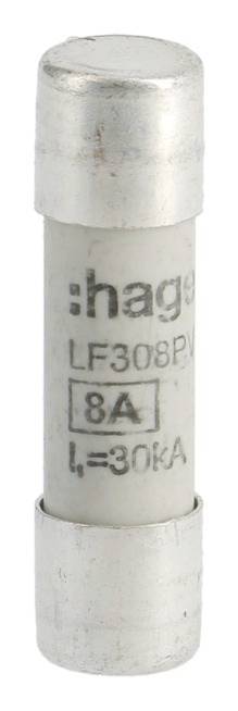 Zylinderförmige Sicherung mit Metallenden, beschriftet mit 'Hager LF308PV 8A I=30KA'.用于电流保护的电气部件