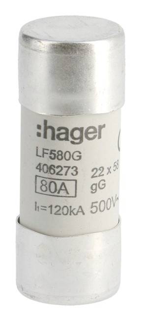 Sicherung mit Aufschrift 'Hager LF580G 80A 500V', zylindrische Form, weißes Gehäuse, metallene Endkappen, benutzt zur elektrischen Absicherung.