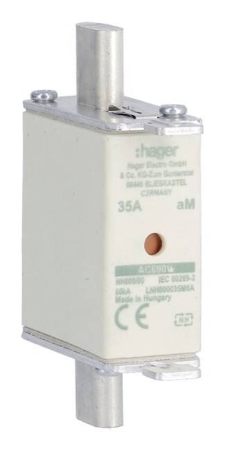 'Sicherung NH 35A aM von Hager, geeignet für elektrische Systeme mit hoher Stromstärke, Notabschaltung und Kurzschlussschutz.'