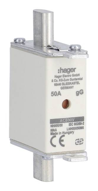 Sicherungseinsatz von Hager, Typ NH000/00, 50A, gG, AC690V, IEC 60269-2. Herstellerinformationen und Zertifizierungen sind sichtbar.