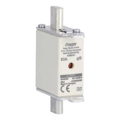 Ein typischer NH-Sicherungseinsatz der Marke Hager mit einer Stromstärke von 63A, geeignet für elektrische Schutzanwendungen.