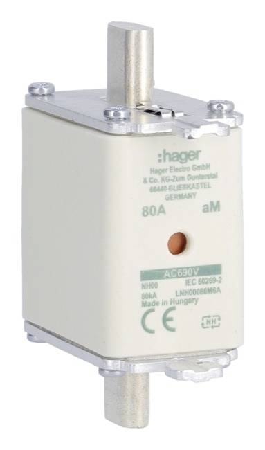 Hager NH-Sicherung, Typ NH00 mit 80A Stromstärke, 500V, mit IEC 60269-2 Zertifizierung.