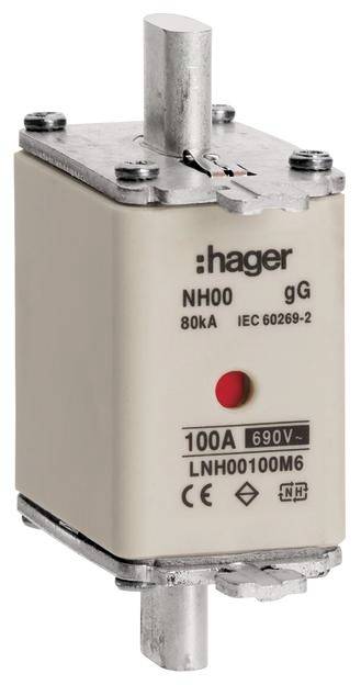 Ein NH-Sicherungseinsatz der Marke Hager, Modell gG, mit 100A und 690V, geeignet für Schutz bei Überlast und Kurzschluss.
