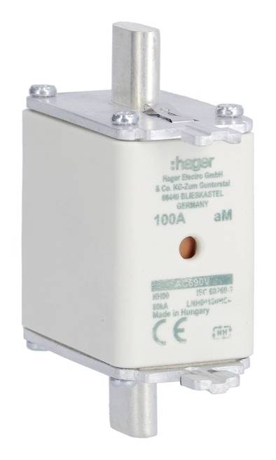 Sicherungseinsatz von Hager mit Aufschrift '100A aM AC500V', geeignet für industrielle Anwendungen.