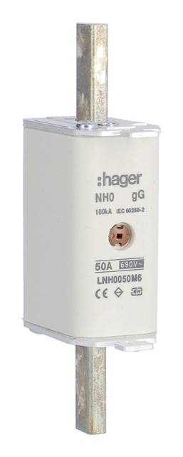 'Sicherung NH00 50A 690V von Hager, Modell gG. Verwendet zur Unterbrechung von Stromkreisen, entsprechend IEC 60269-2 Standard.'