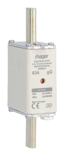 Ein NH-Sicherungseinsatz von Hager, Modell 63A gG, für den elektrischen Schutz in Starkstromanlagen, geeignet für 690V AC.