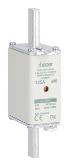 '125A aM Schmelzsicherung von Hager, Modell NH00, 400V, für hohe elektrische Lasten. CE-zertifiziert, hergestellt in Ungarn.'