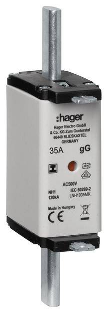 Ein zylindrischer Sicherungseinsatz mit Metallkappen, beschriftet mit 'Hager', 35A, 500V. Einsatz im Niederspannungsnetz.